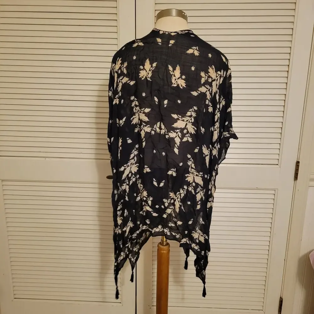 Boho Floral Sheer Kimono Wrap Shawl Tassel Trim Armholes One Size Fits All Black